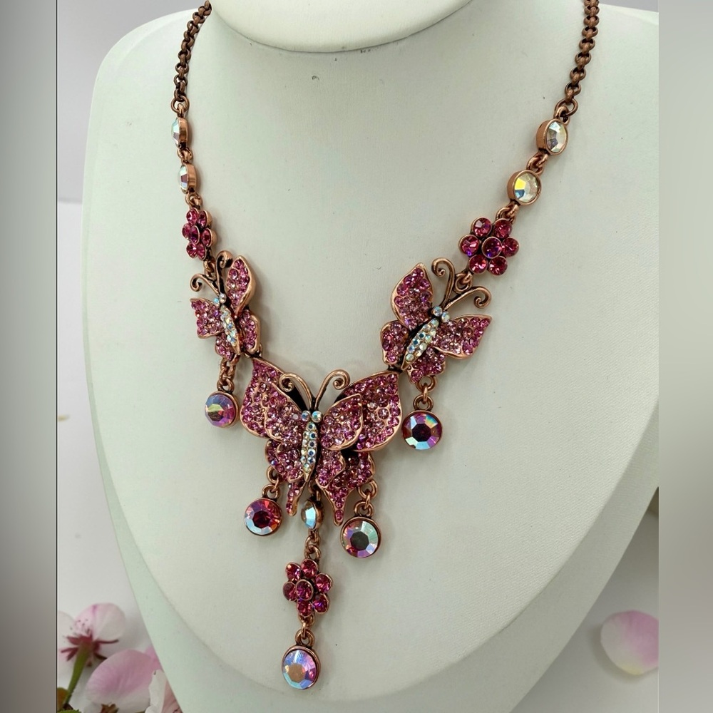 Kirks Folly Pink Butterfly Rhinestone Necklace AB Drop Signed 16”-19” whimsical - Picture 17 of 17